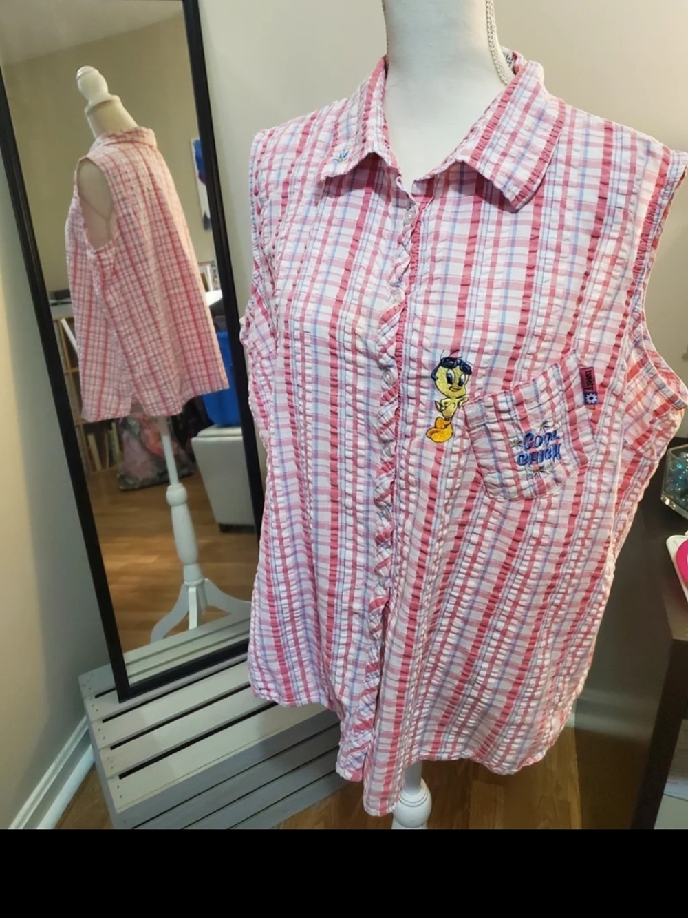 Vintage Looney Tunes Tweety Bird Plus Size Plaid Button Front Tank Top 22/24W